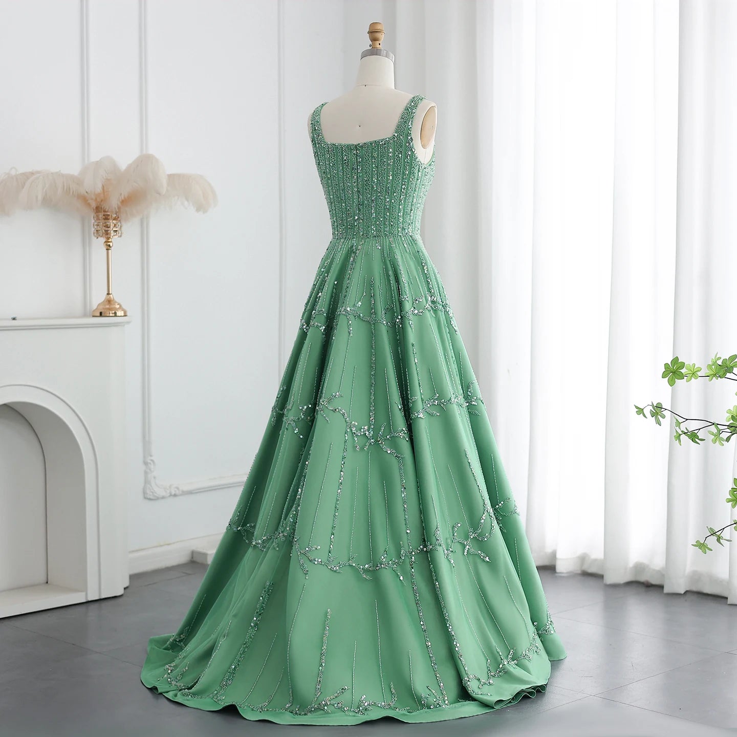 Luxury Dubai Beaded Green Evening Dress for Women Wedding Straps /Sqaure Engagement Party Dresses