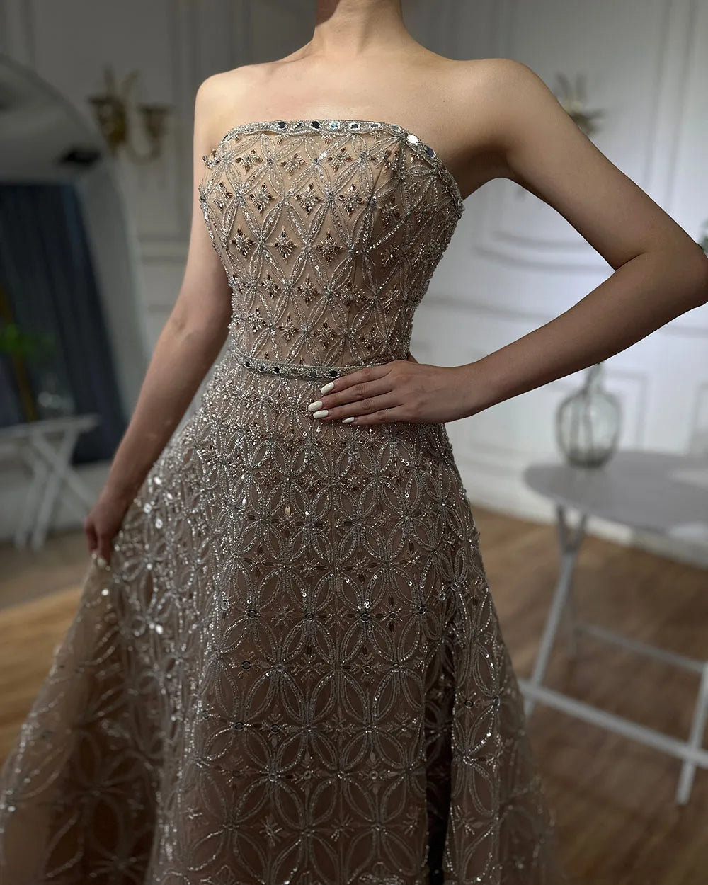 A Line Beaded Long Evening Dresses Gowns