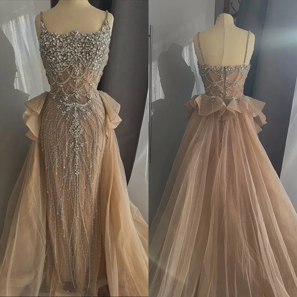 Customized 2025 Nude Saudi Beaded Spaghetti Strap Evening Dresses Gowns with Overskirt for Formal Occasion