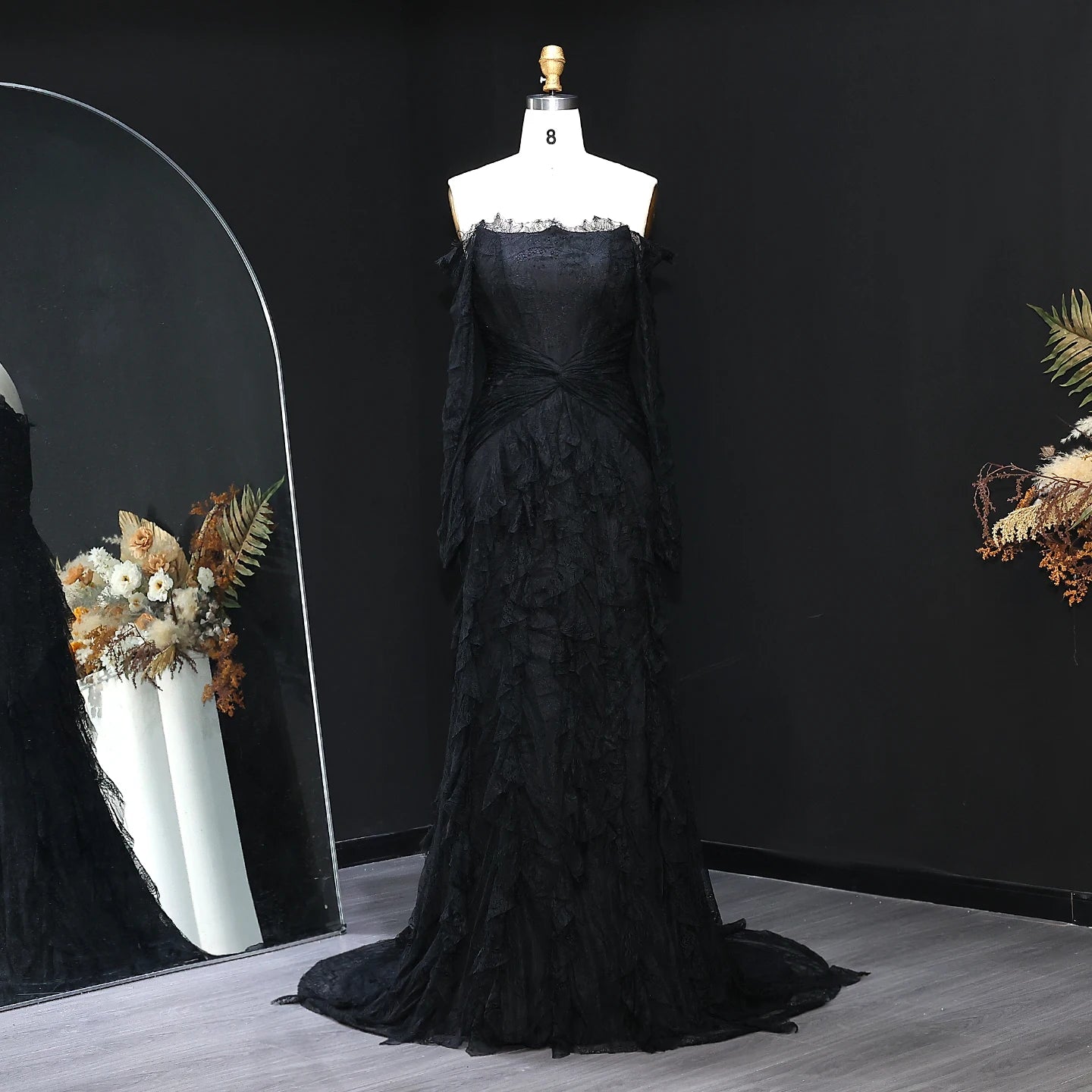Lace Off Shoulder Evening Dress with Long Sleeves