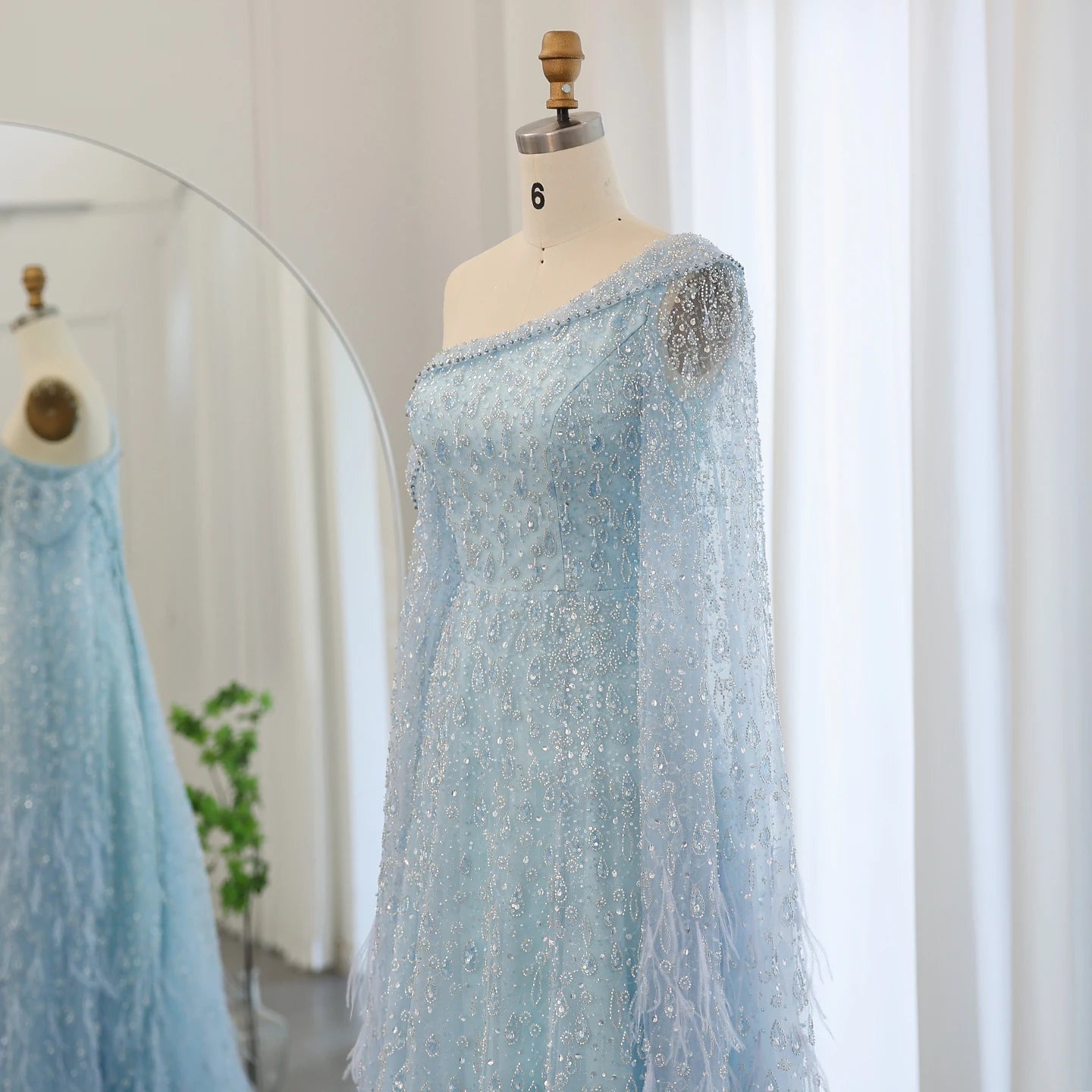 Luxury Feather One Shoulder Evening Dress with Cape Sleeve