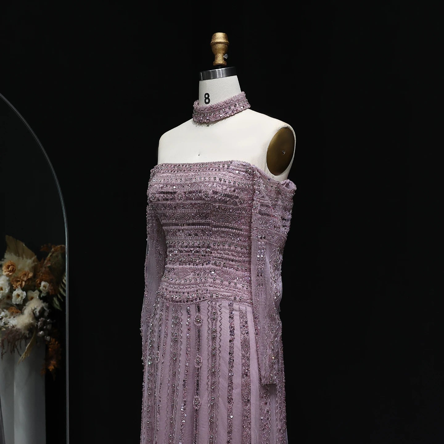 Heavy Beaded Elegant Off Shoulder Evening Dress with Choker Long Sleeves