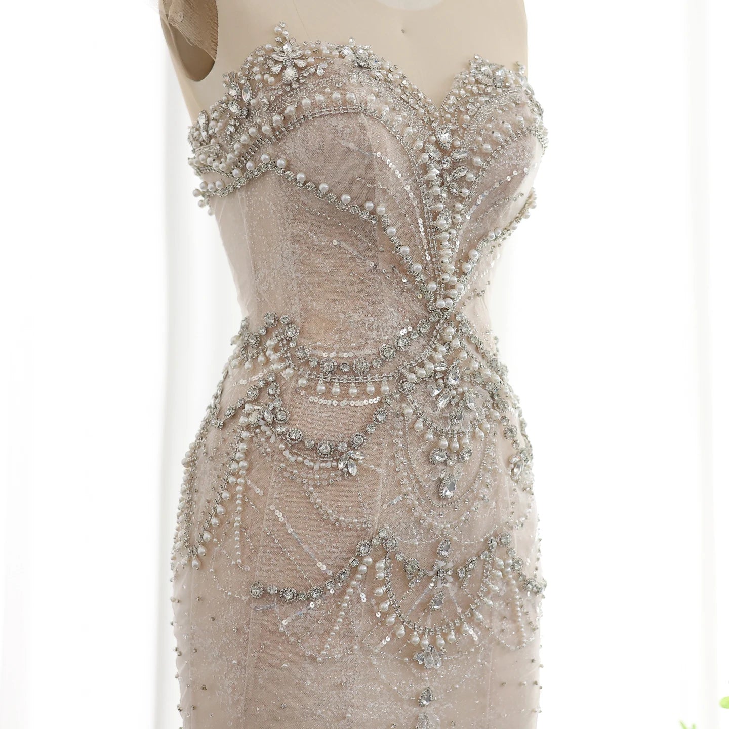 Luxury Crystal Pearls White Nude Mermaid Wedding Dress