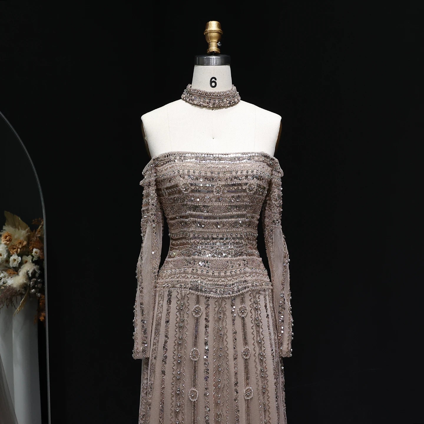 Heavy Beaded Elegant Off Shoulder Evening Dress with Choker Long Sleeves