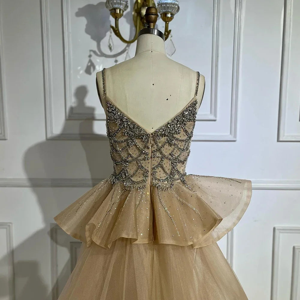 Customized 2025 Nude Saudi Beaded Spaghetti Strap Evening Dresses Gowns with Overskirt for Formal Occasion