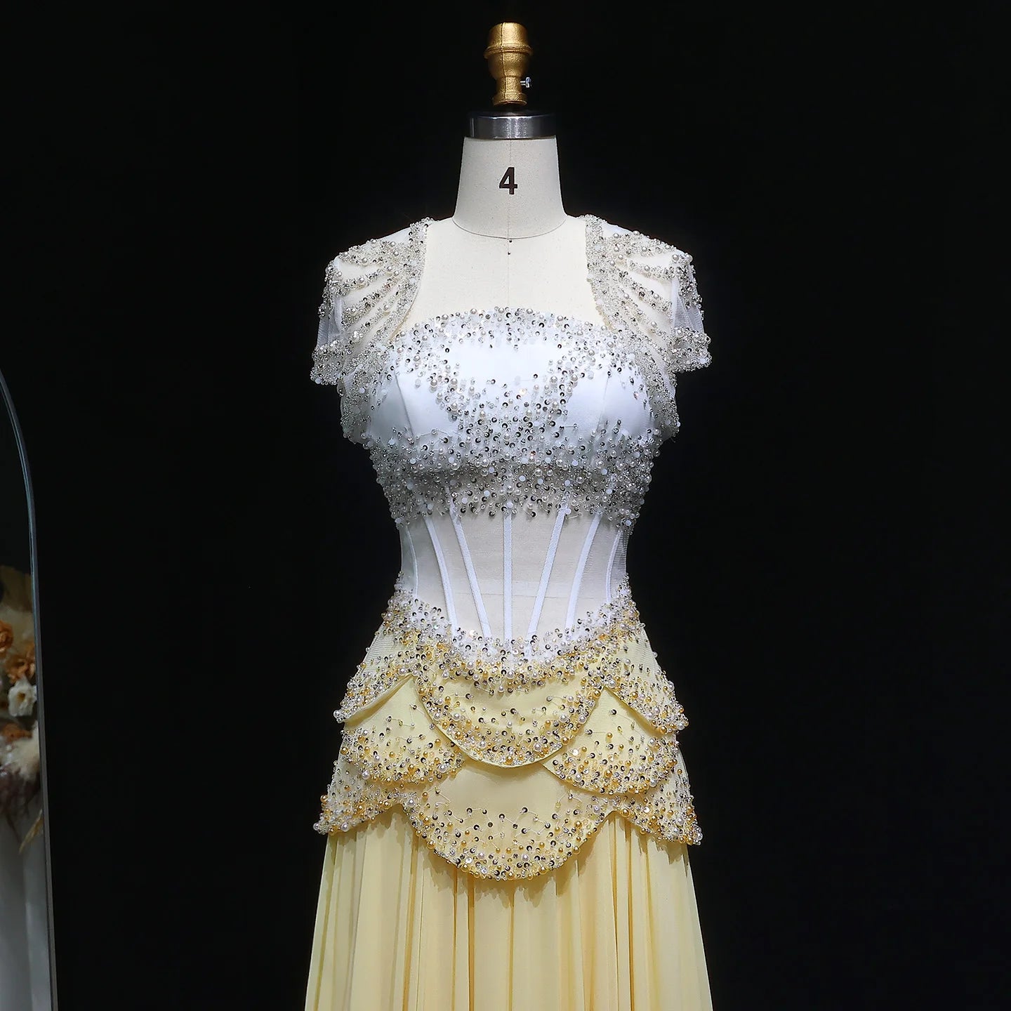 Elegant White & Yellow Chiffon Corset Dress with Short-Sleeve Jacket