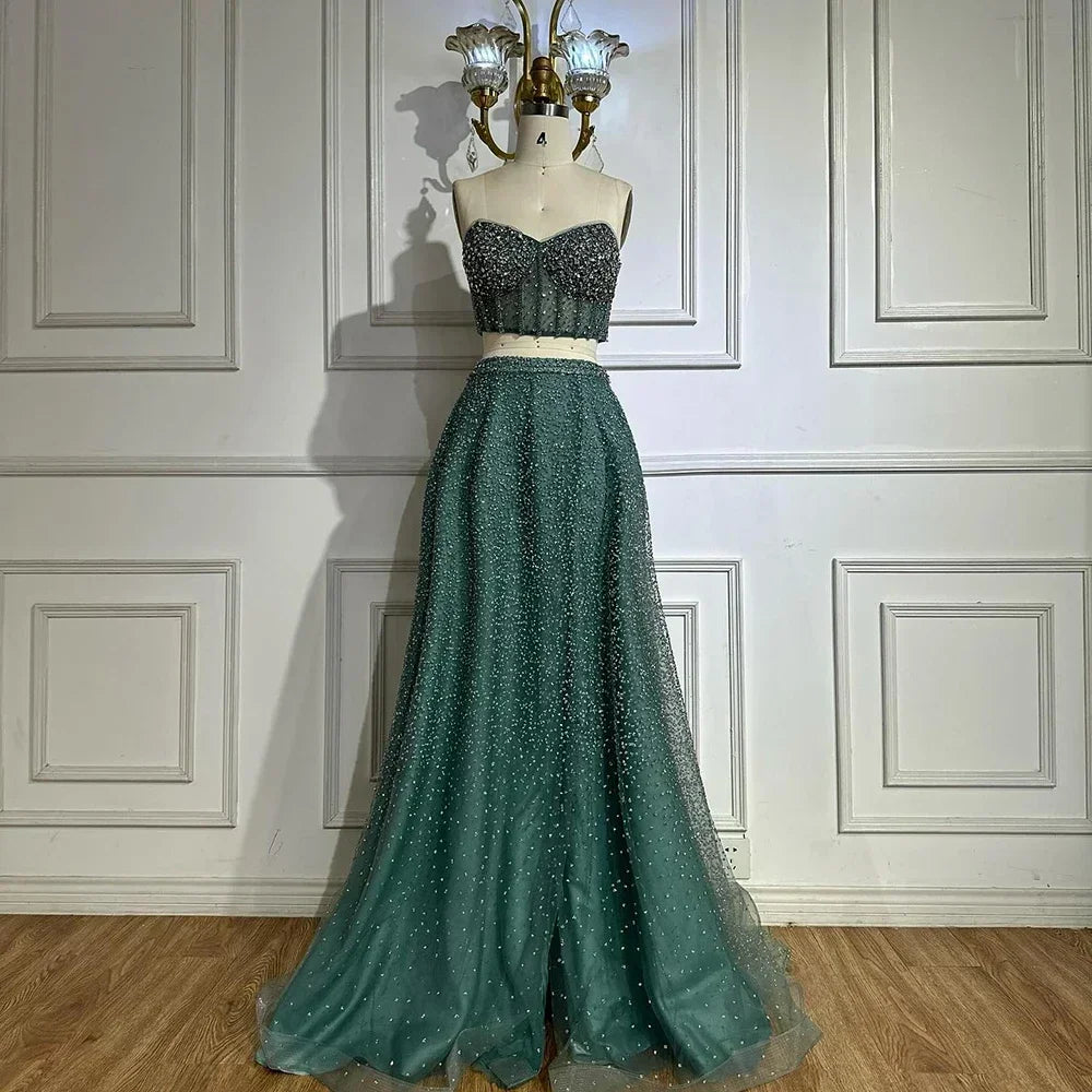 Turquoise Emerald Two-Piece Beaded Gown – Strapless Formal Evening Set