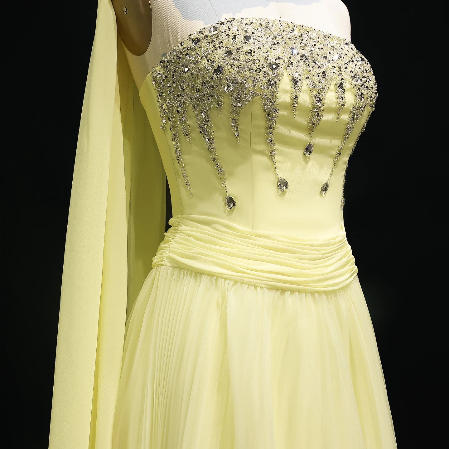 Elegant Strapless Yellow Evening Dress with Cape Luxury Crystal