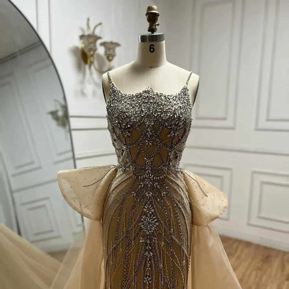 Customized 2025 Nude Saudi Beaded Spaghetti Strap Evening Dresses Gowns with Overskirt for Formal Occasion