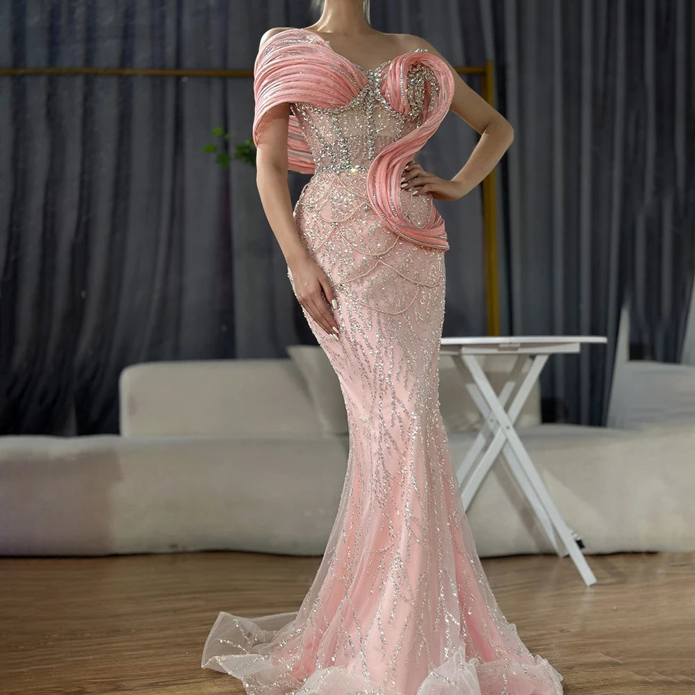 Pink Mermaid Sleeveless Beaded Evening Dress
