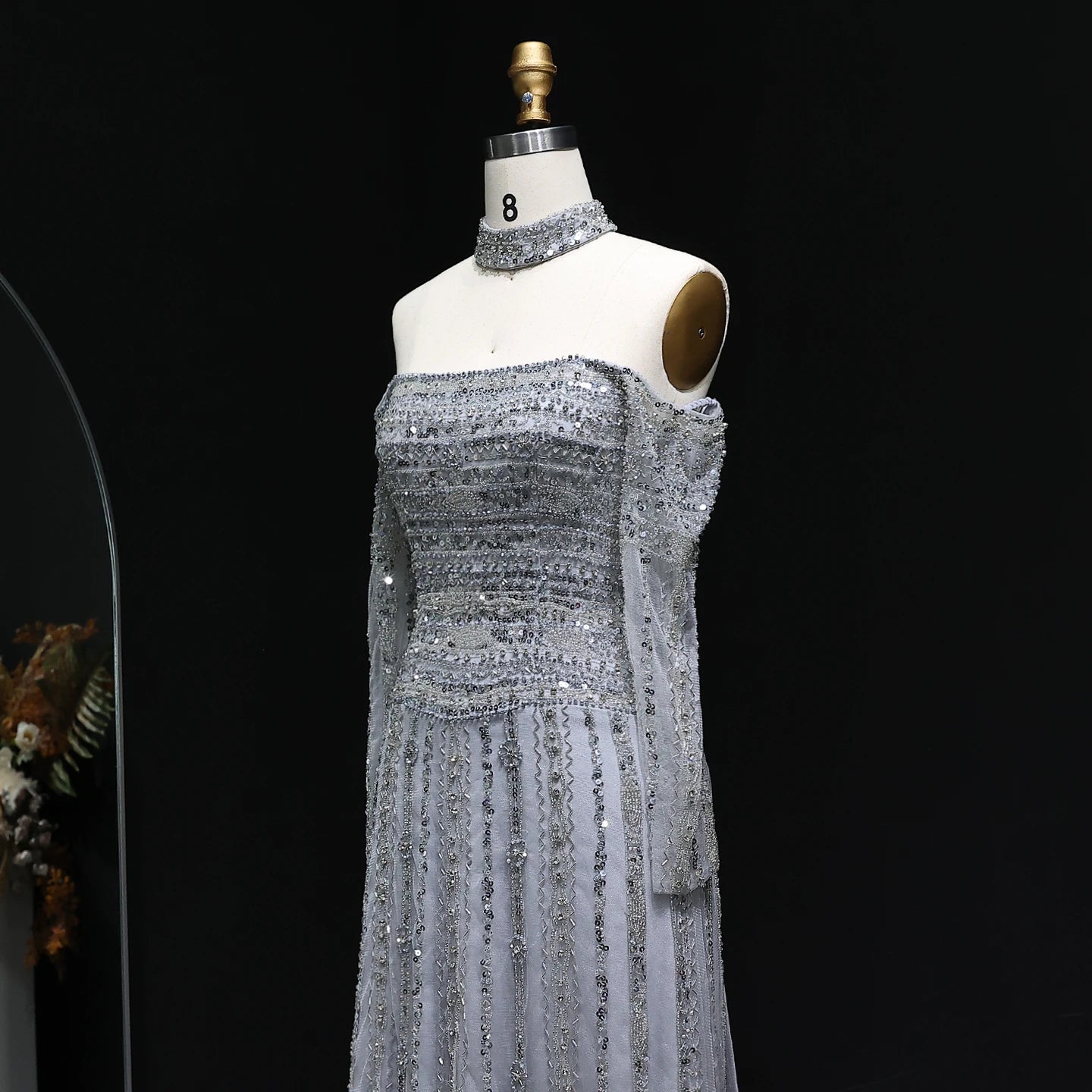 Heavy Beaded Elegant Off Shoulder Evening Dress with Choker Long Sleeves