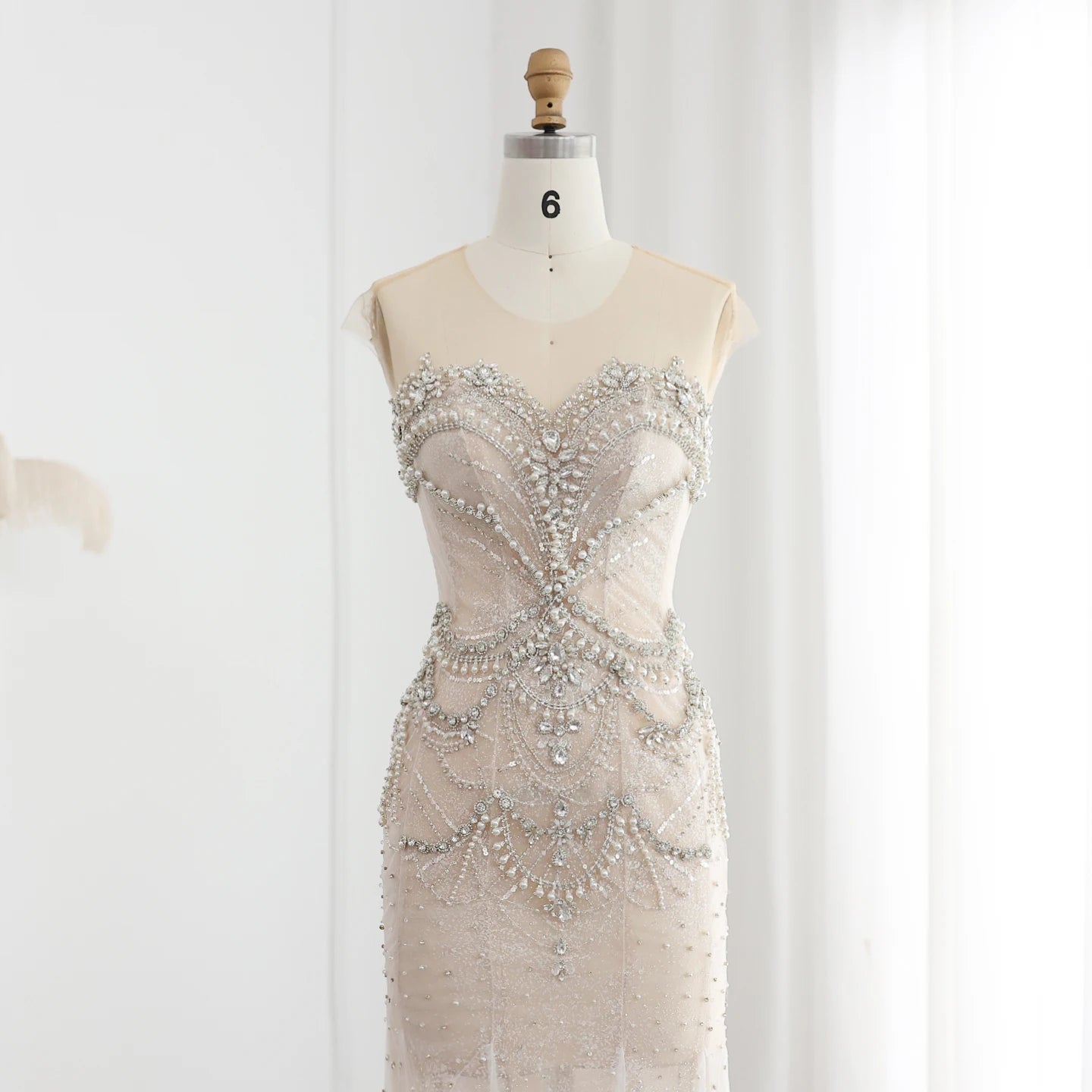 Luxury Crystal Pearls White Nude Mermaid Wedding Dress