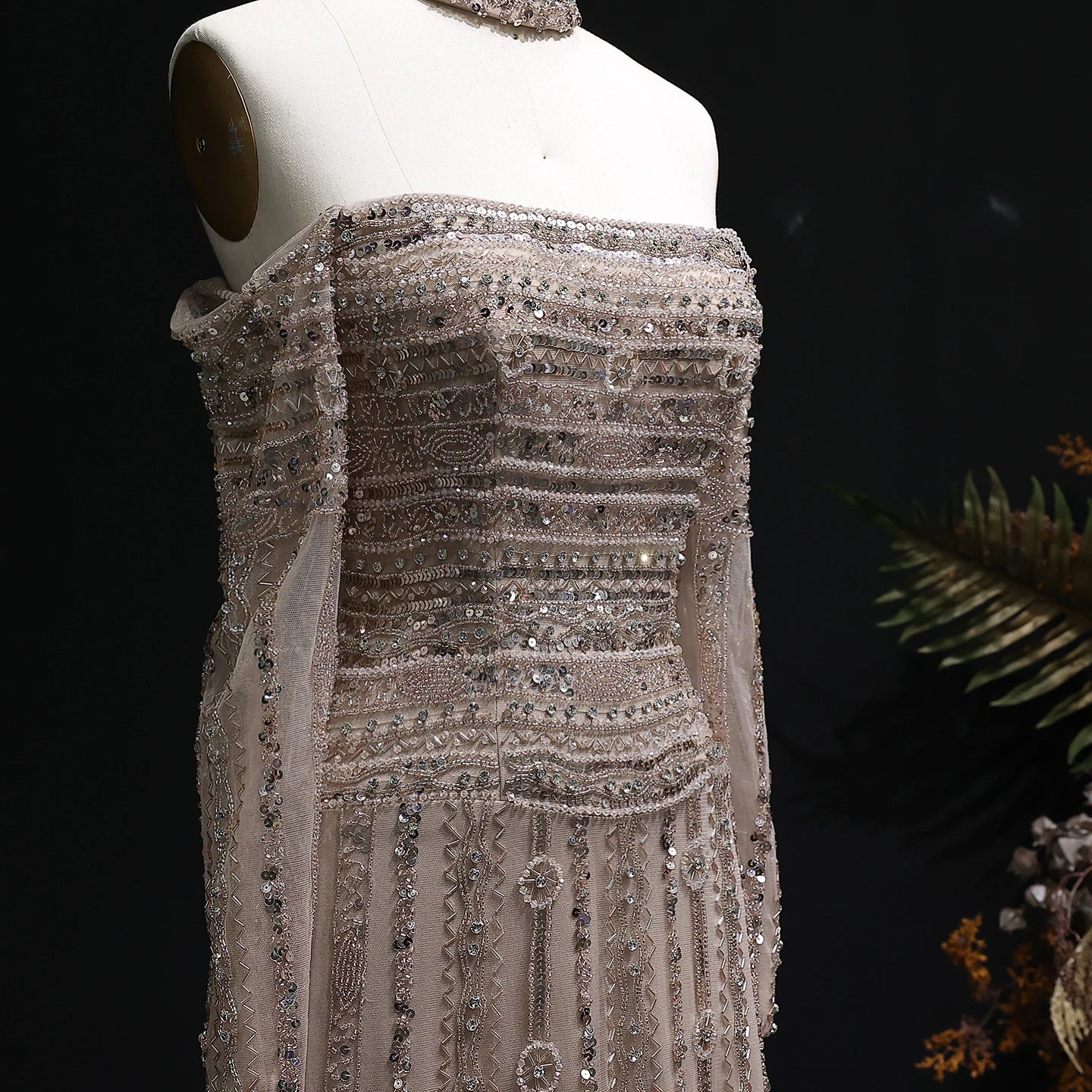 Heavy Beaded Elegant Off Shoulder Evening Dress with Choker Long Sleeves