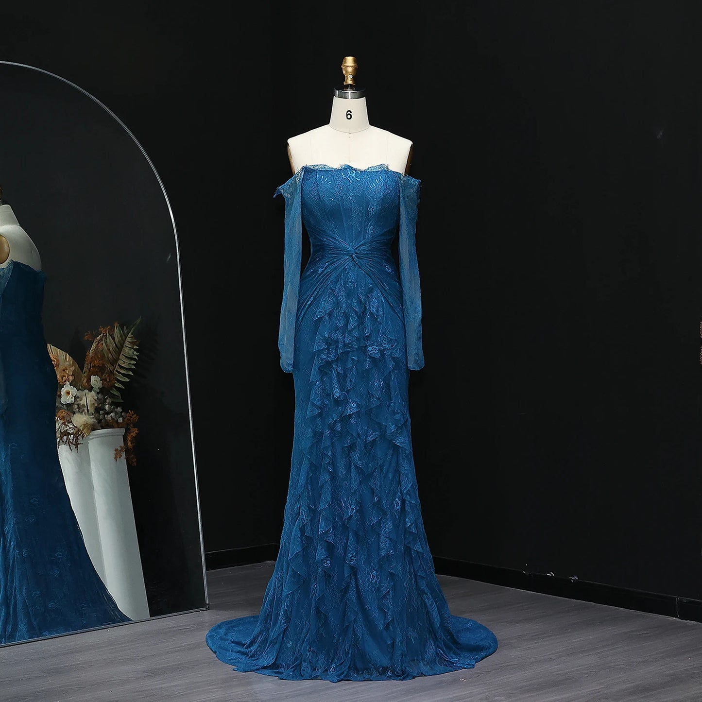 Lace Off Shoulder Evening Dress with Long Sleeves