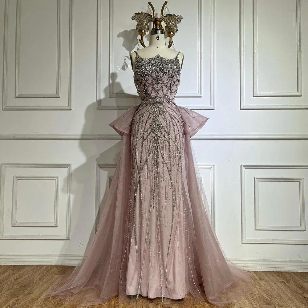 Customized 2025 Nude Saudi Beaded Spaghetti Strap Evening Dresses Gowns with Overskirt for Formal Occasion