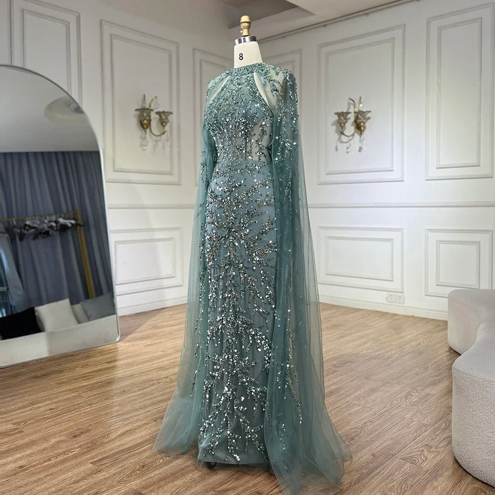 Turquoise Cape Sleeves Mermaid Beaded Luxury Evening Dress
