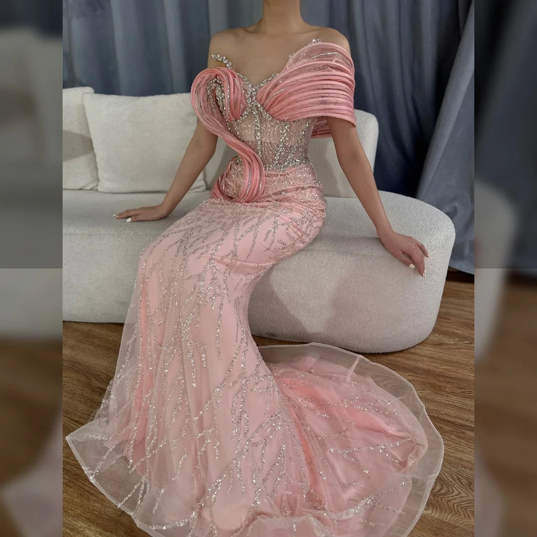 Pink Mermaid Sleeveless Beaded Evening Dress