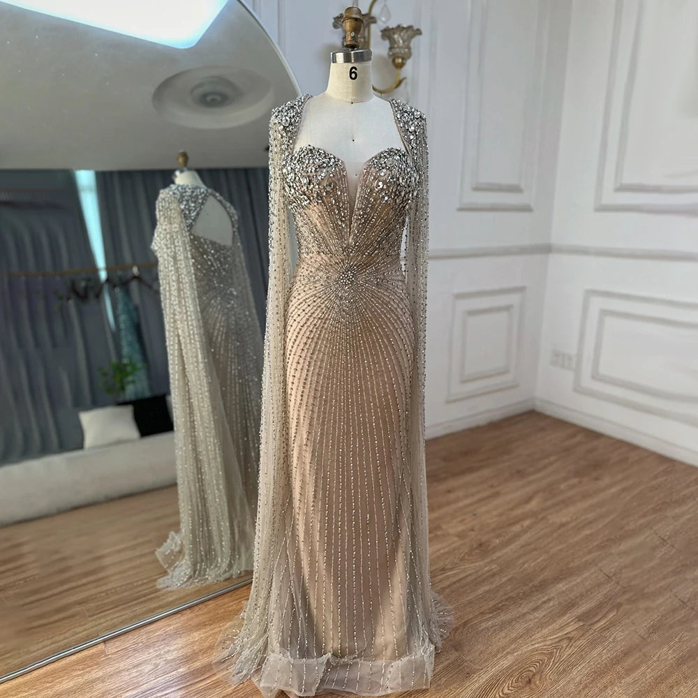 Silver Nude Cape Sleeves Beaded Evening Dress