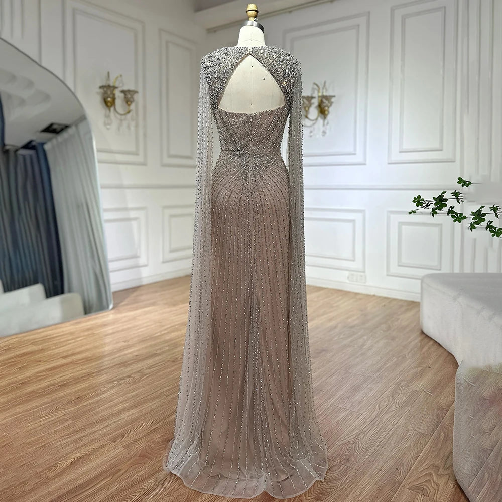 Silver Nude Cape Sleeves Beaded Evening Dress