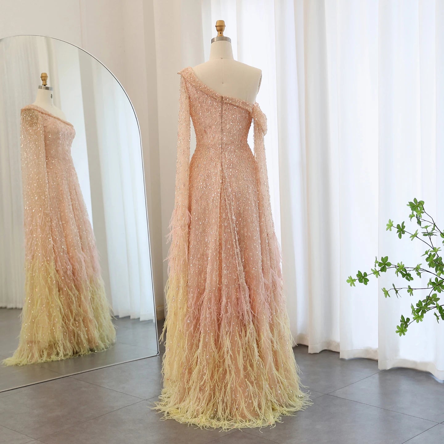 Luxury Feather One Shoulder Evening Dress with Cape Sleeve