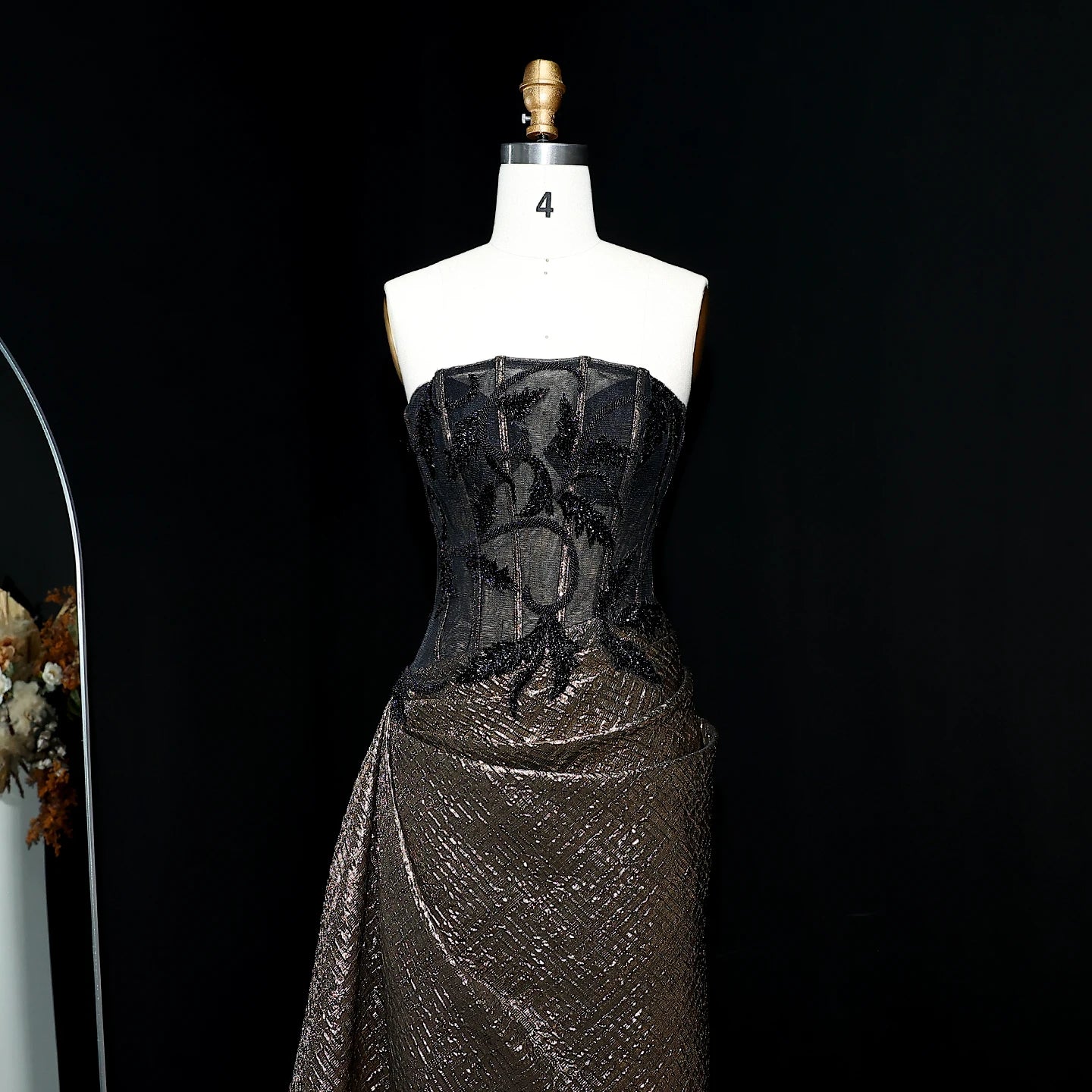 Strapless Sequin Evening Dress with Knot Black