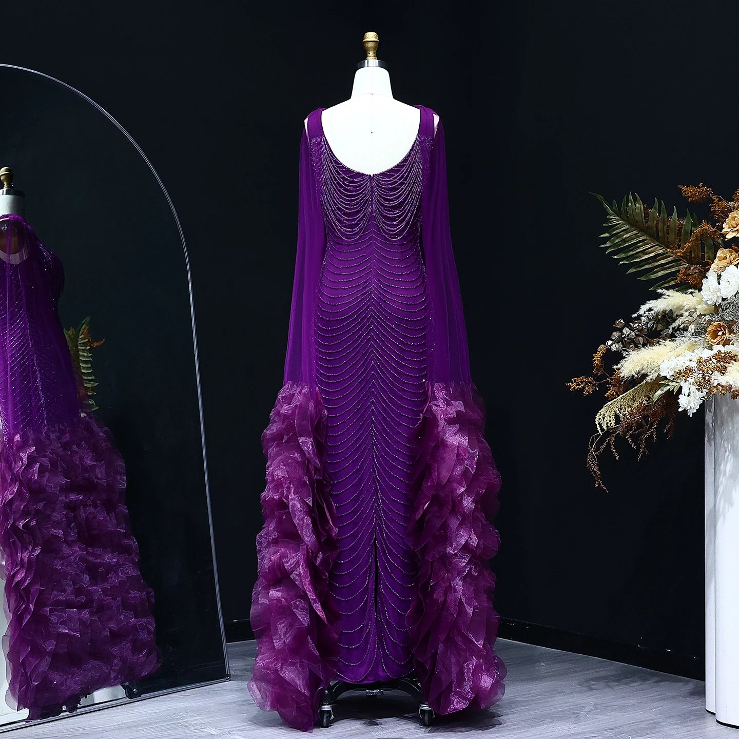 Luxury Beading Purple Evening Dress with Cape Sleeves