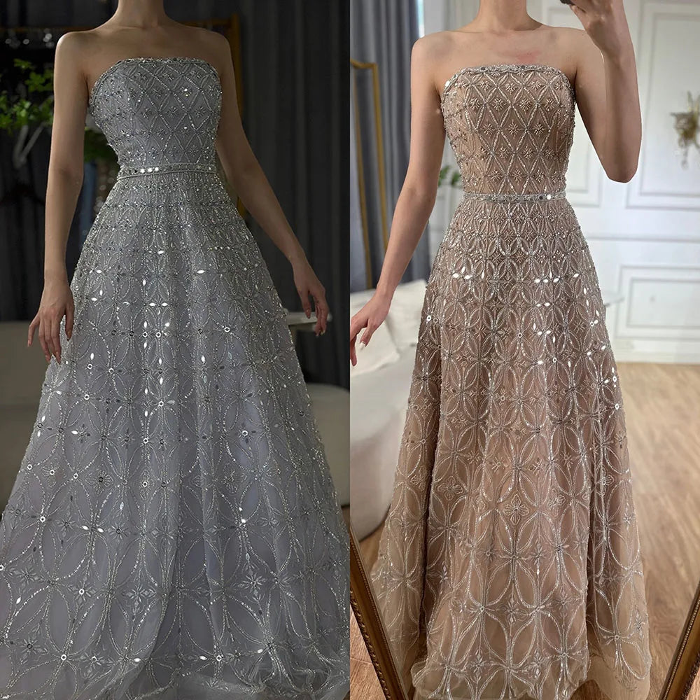 A Line Beaded Long Evening Dresses Gowns