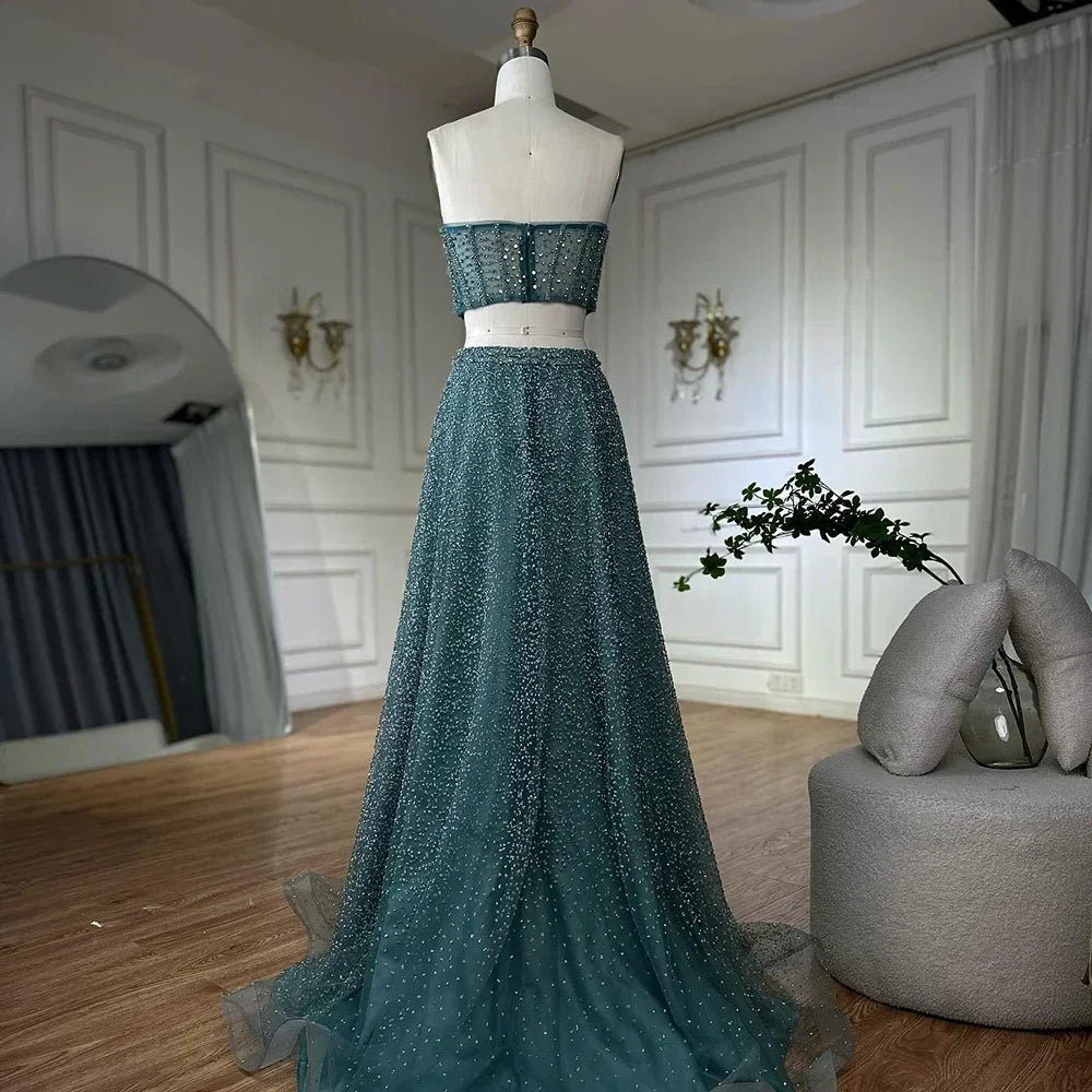 Turquoise Emerald Two-Piece Beaded Gown – Strapless Formal Evening Set