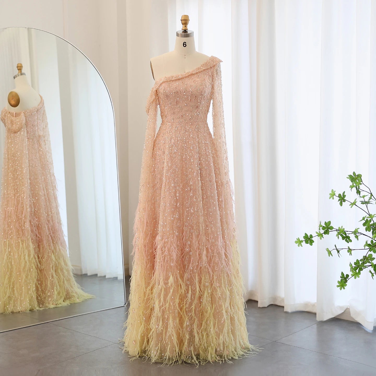 Luxury Feather One Shoulder Evening Dress with Cape Sleeve