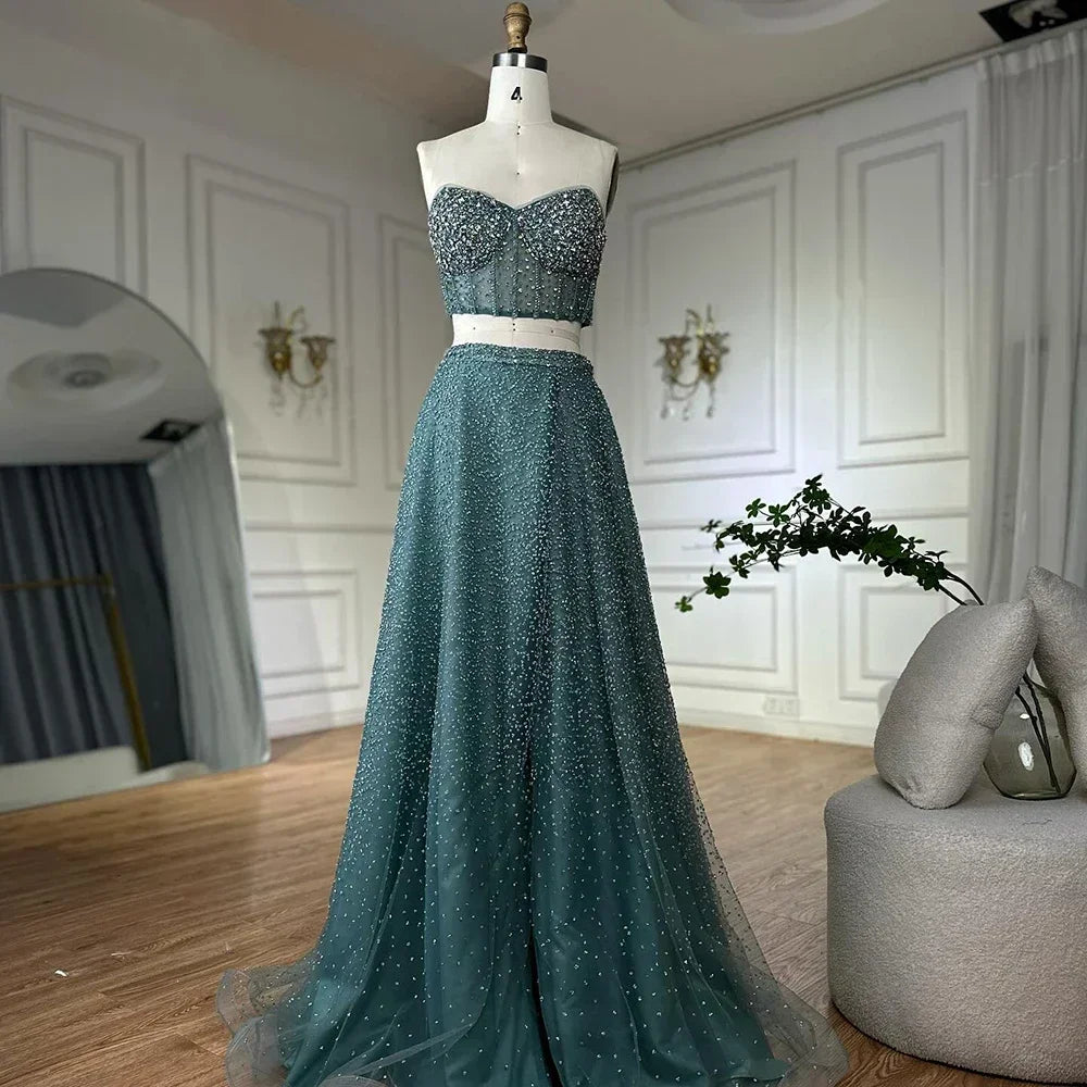 Turquoise Emerald Two-Piece Beaded Gown – Strapless Formal Evening Set