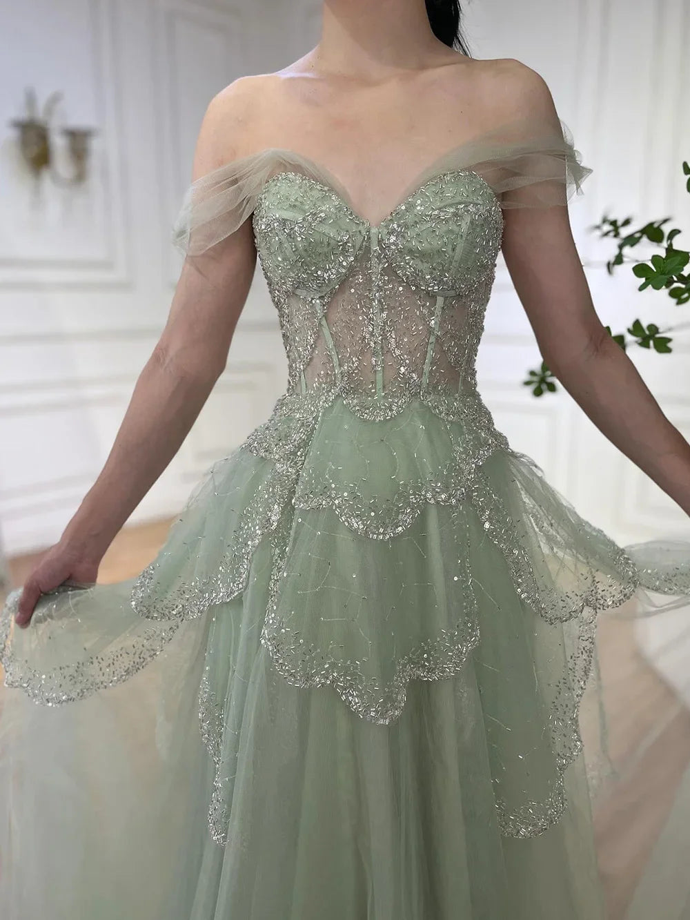 A-Line Elegant Spaghetti Strap Luxury Beaded Evening Dress