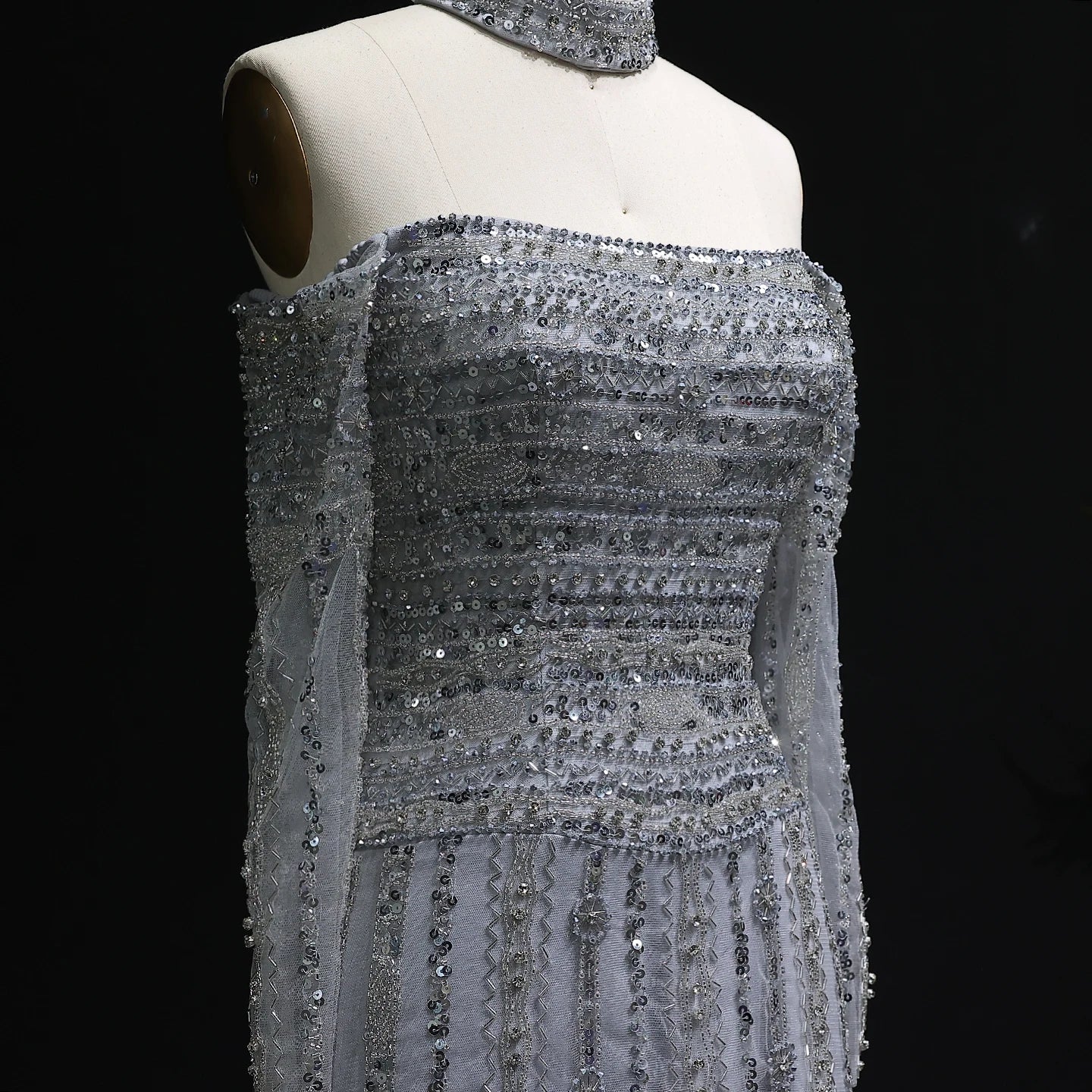 Heavy Beaded Elegant Off Shoulder Evening Dress with Choker Long Sleeves