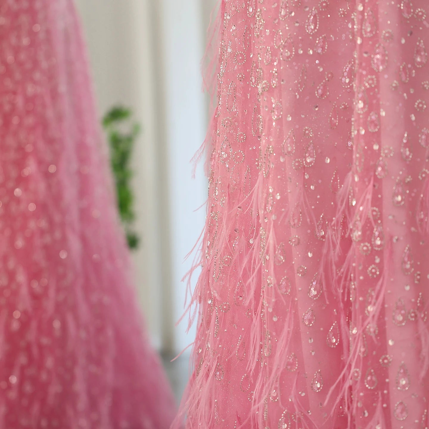 Luxury Feather One Shoulder Evening Dress with Cape Sleeve