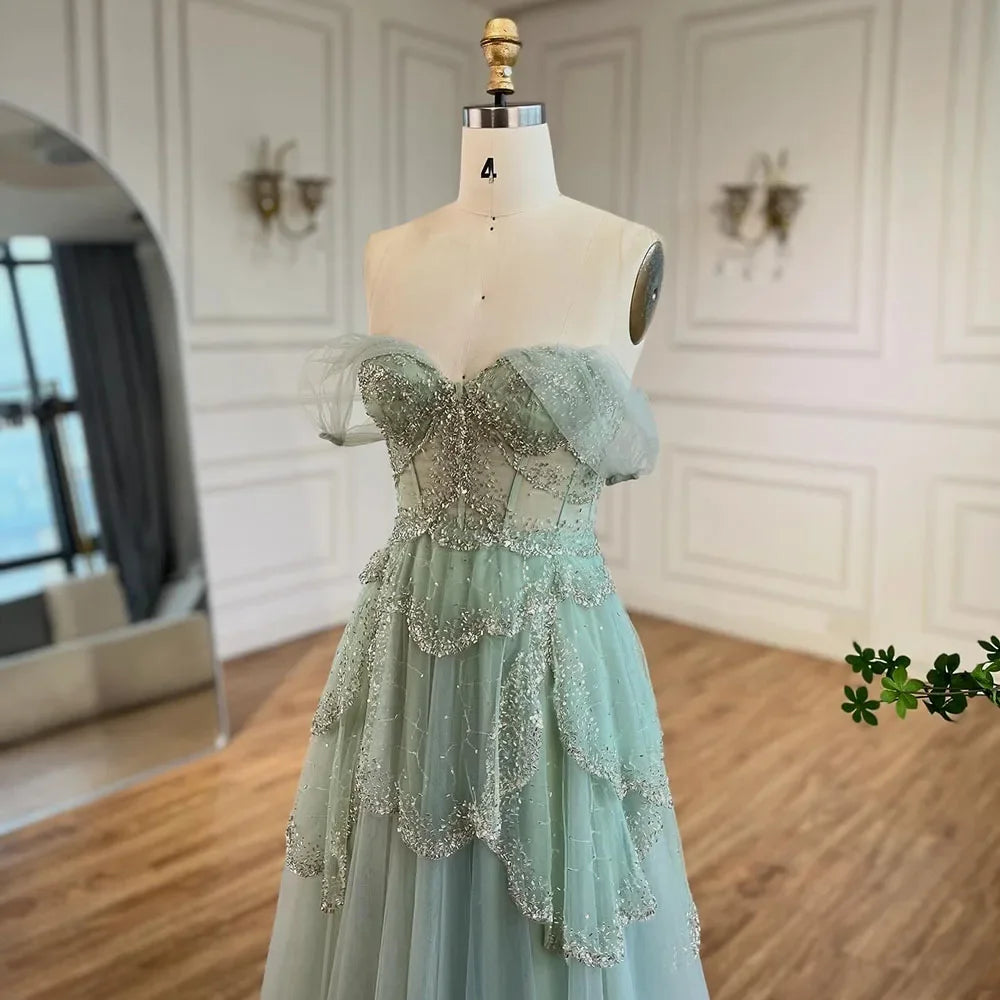 A-Line Elegant Spaghetti Strap Luxury Beaded Evening Dress