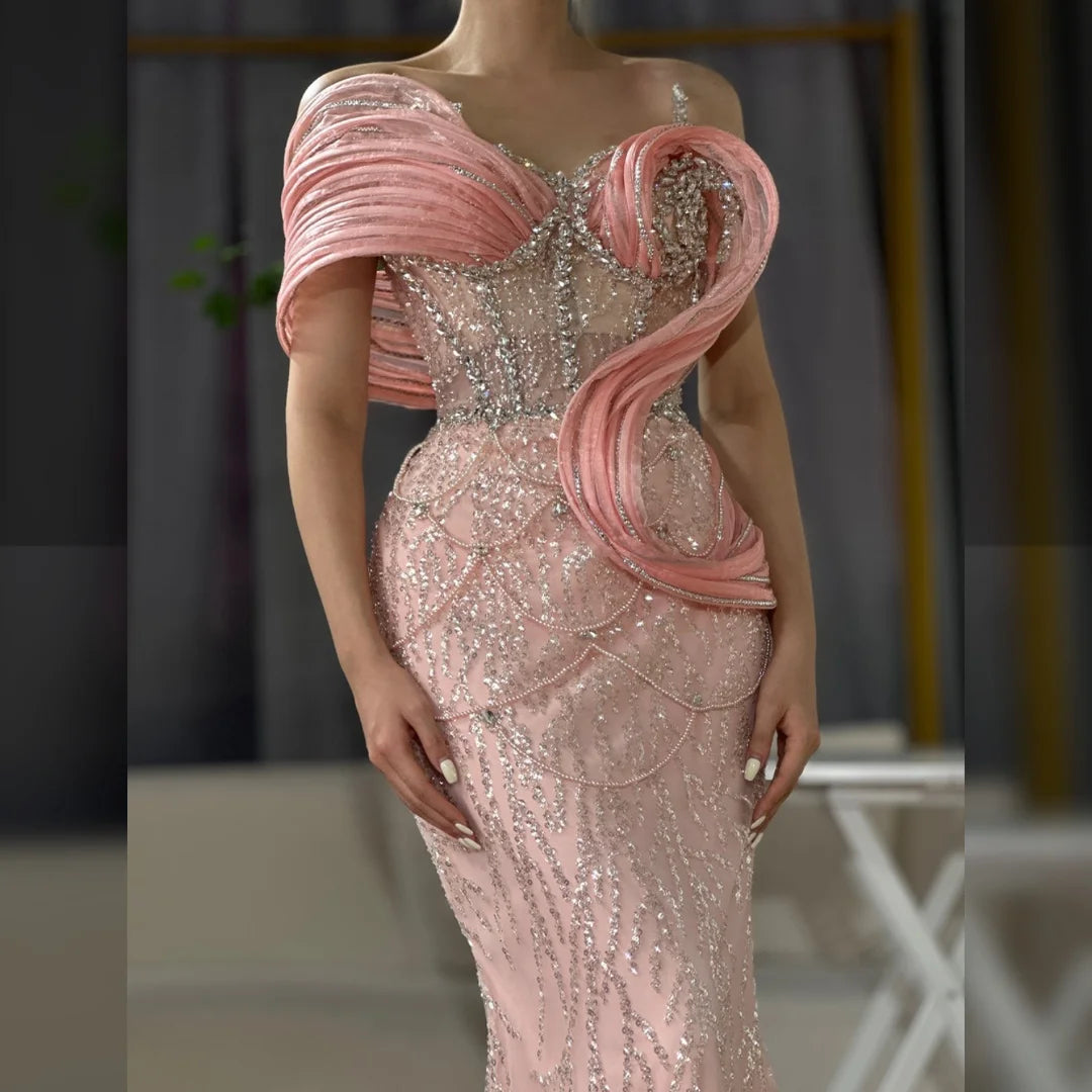 Pink Mermaid Sleeveless Beaded Evening Dress