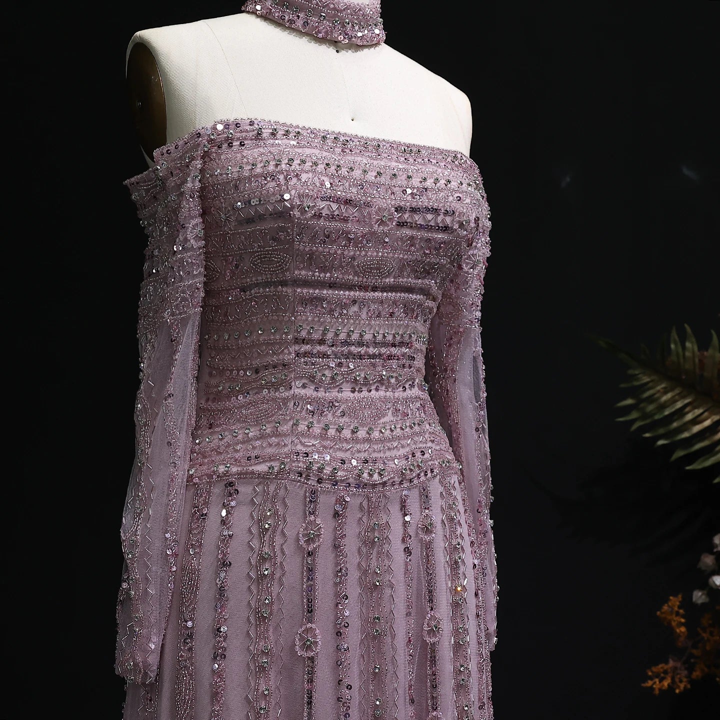 Heavy Beaded Elegant Off Shoulder Evening Dress with Choker Long Sleeves