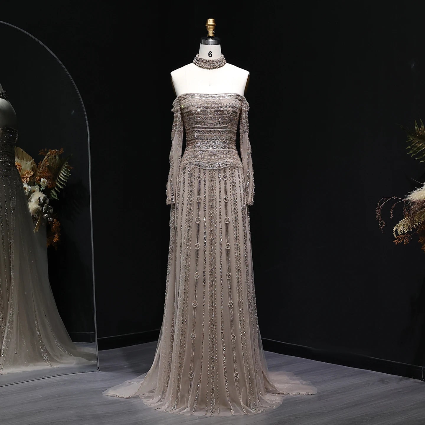 Heavy Beaded Elegant Off Shoulder Evening Dress with Choker Long Sleeves