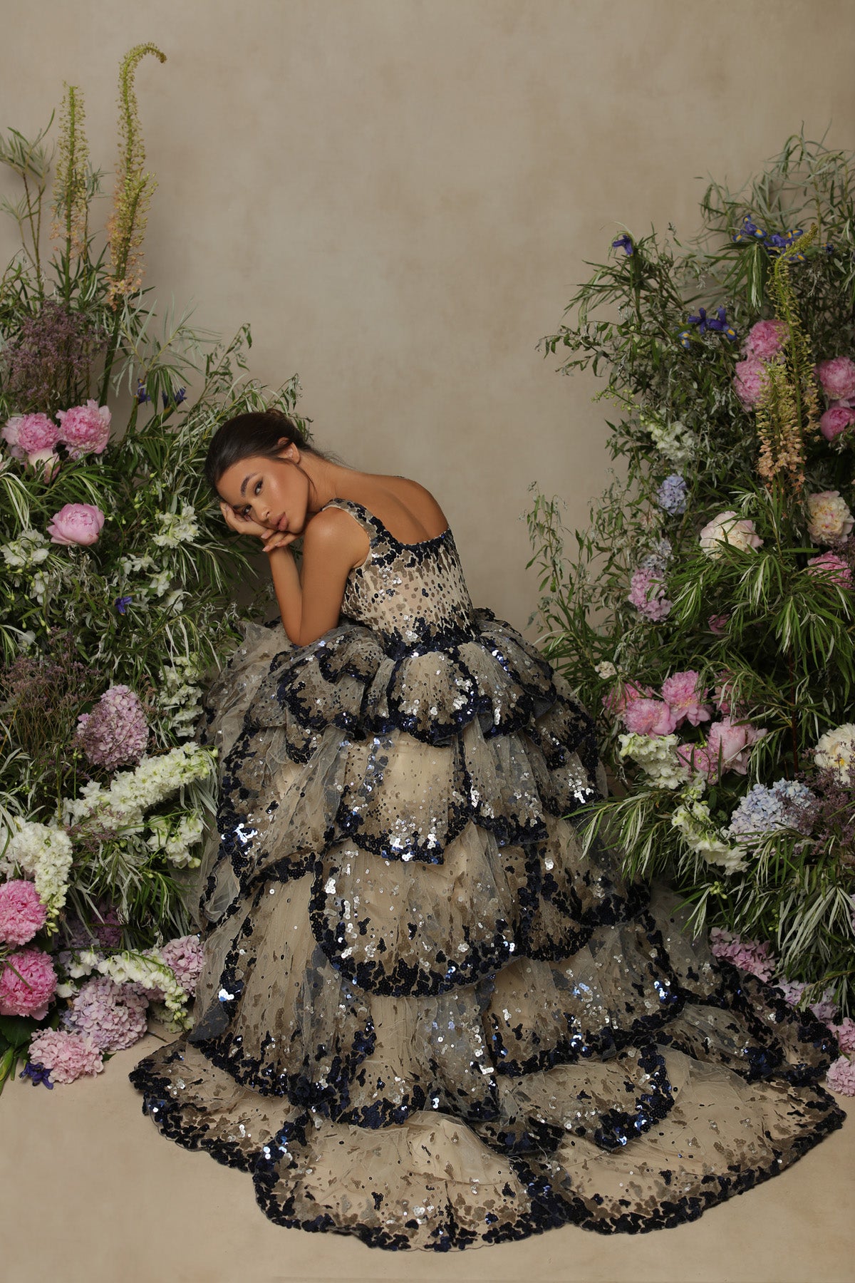 Midnight Bloom Layered Dress with Black Sequins