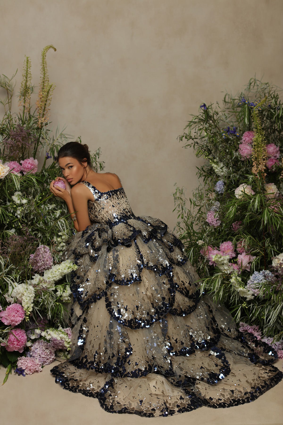 Midnight Bloom Layered Dress with Black Sequins