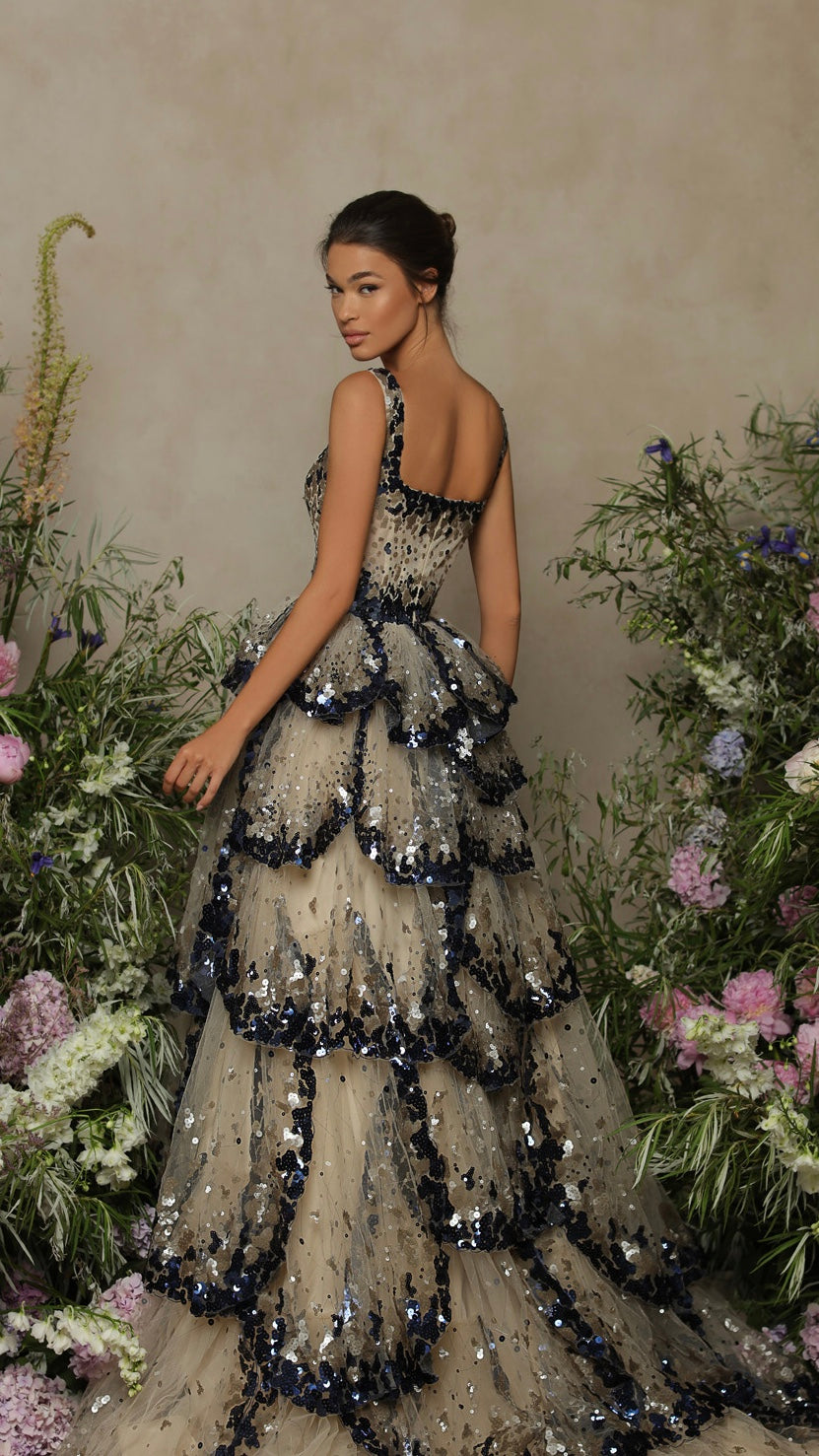 Midnight Bloom Layered Dress with Black Sequins