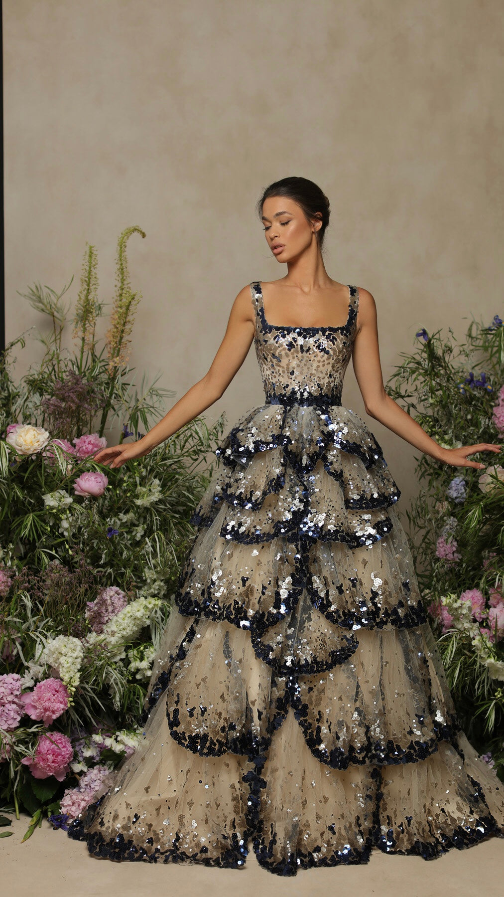 Midnight Bloom Layered Dress with Black Sequins