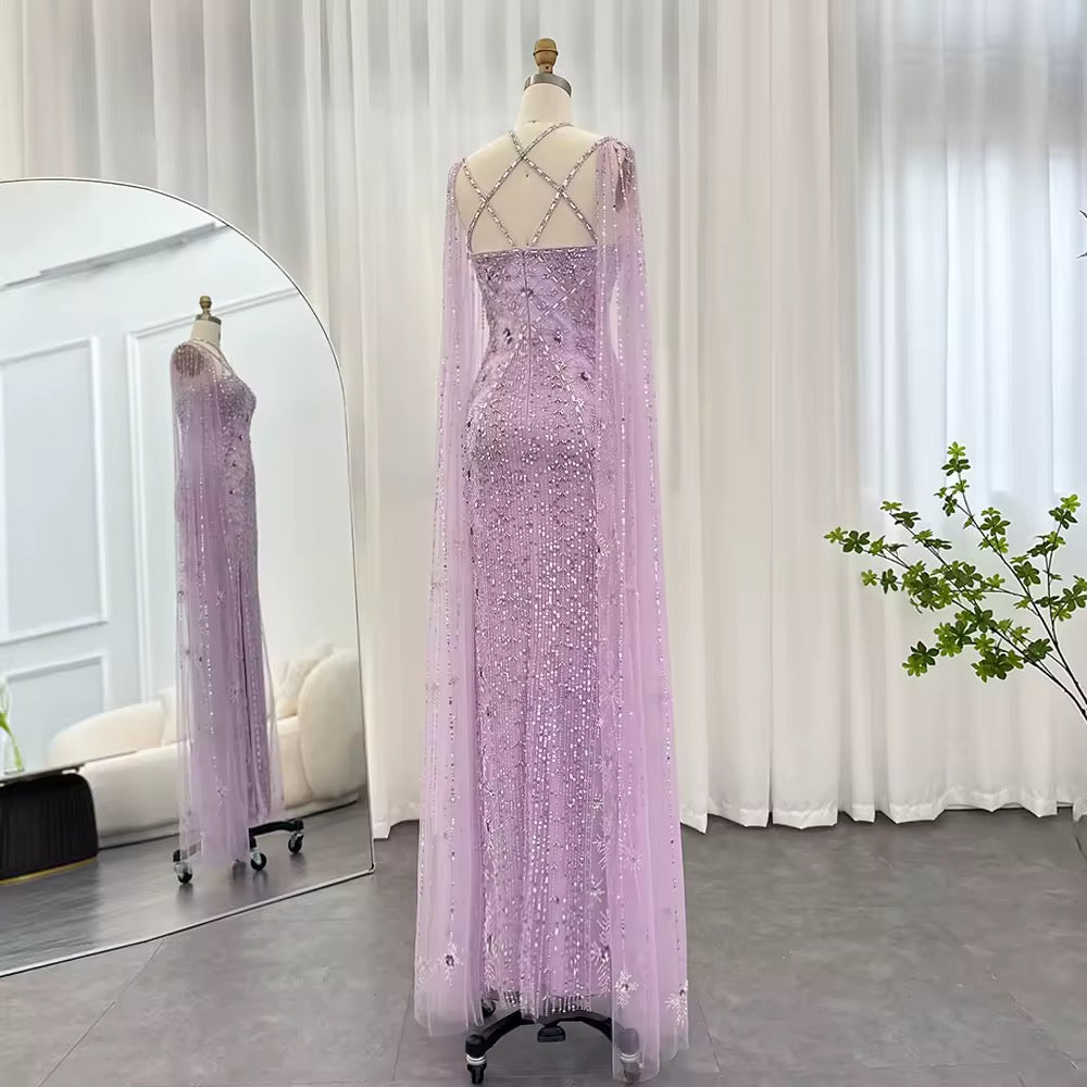 Elegant Beaded Gown with Open Sleeves and Crystal Detailing