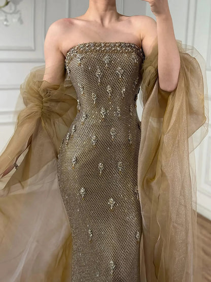 Luxury Gold Crystal Mermaid Evening Dress With Cape