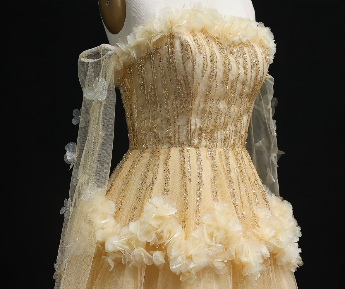 Elegant gold dress with gloves