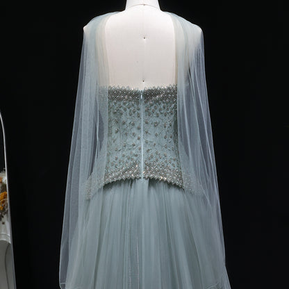 Luxury Dusty Pink Pearl Beaded A-Line Evening Dress With Scarf