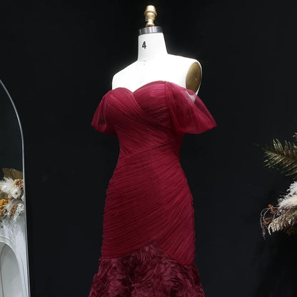 Burgundy Off-the-Shoulder Evening Gown with Ruched Bodice & 3D Rosettes