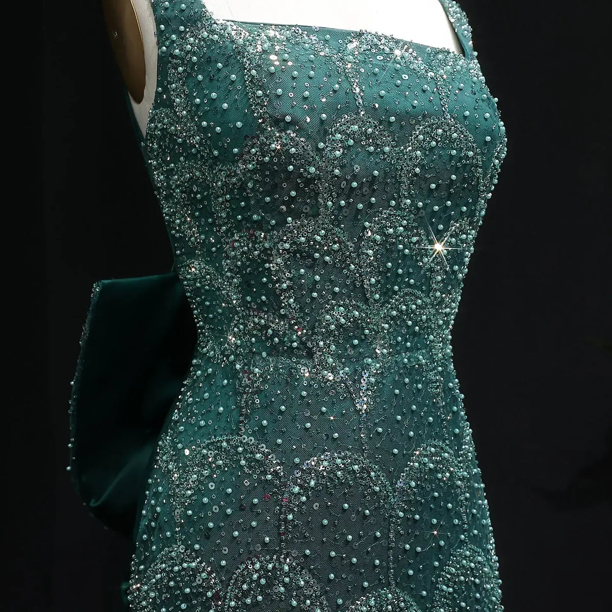 Emerald Crystal-Encrusted Gown with Back Satin Bow and Cathedral Train