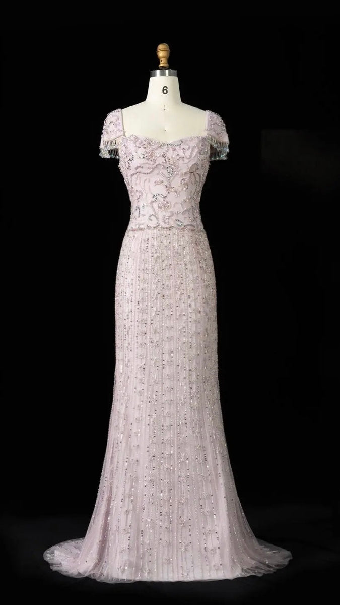 Royal Evening Gown with Cascading Crystal Beads and Floral Patterns