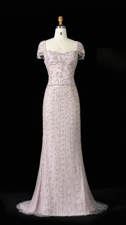 Royal Evening Gown with Cascading Crystal Beads and Floral Patterns