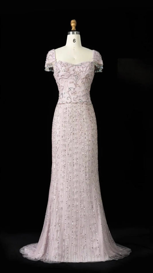 Royal Evening Gown with Cascading Crystal Beads and Floral Patterns